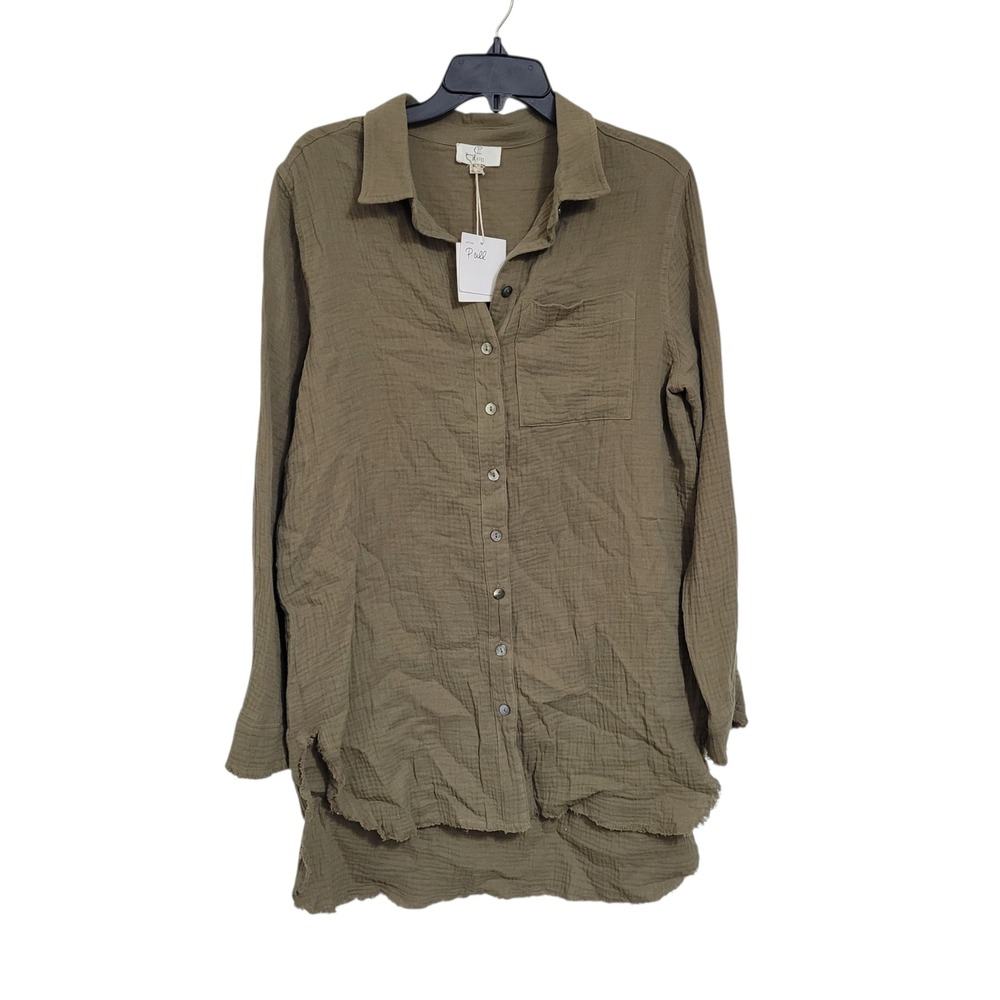 P. Cill Womens Olive Green Cotton Gauze Button Down Shirt Tunic Raw Hem SZ S NWT